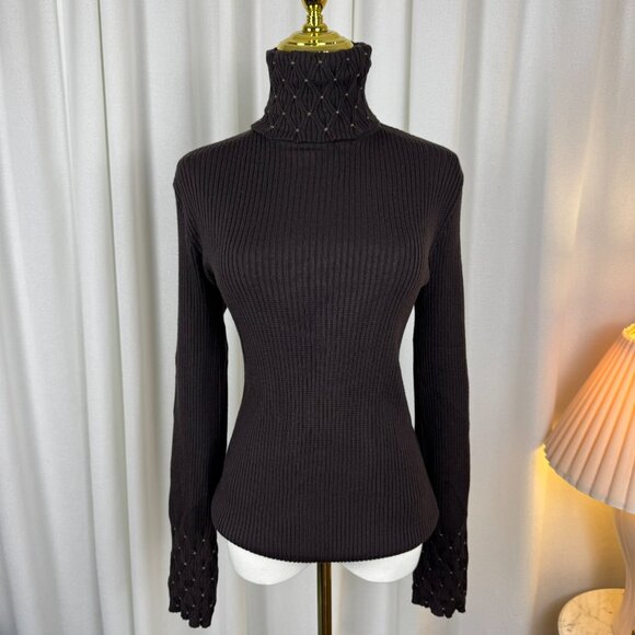 SPORTMAX by MaxMara 100% Wool Ribbed Turtleneck Lattice-Smocked Sweater sz XL - Picture 4 of 9